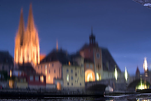雷根斯堡,大教堂,房子,反射,水,多瑙河