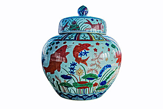 明嘉靖五彩鱼藻纹盖罐陶瓷工艺品