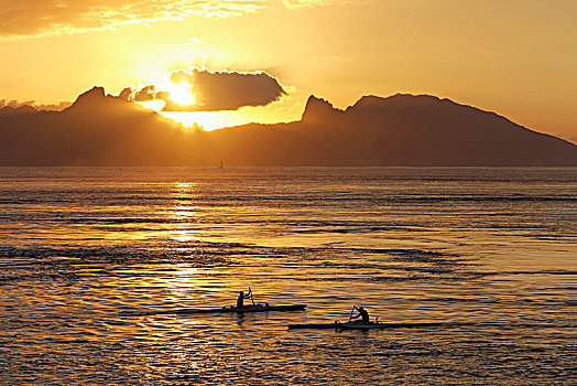 海洋,皮划艇,日落,剪影,茉莉亚岛,帕皮提,太平洋,塔希提岛,法属玻利尼西亚,大洋洲
