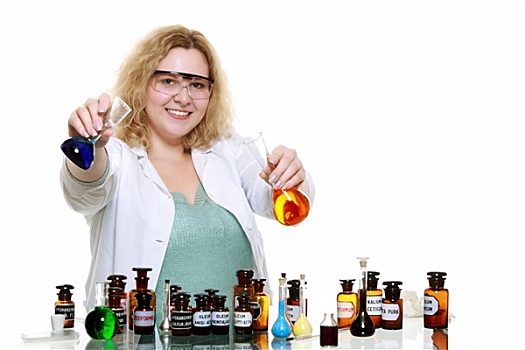 化学家,女人,化学品,玻璃器皿,长颈瓶,隔绝