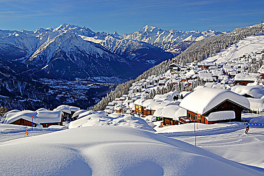 风景,乡村,远眺,罗纳河谷,深,下雪,背影,马塔角,贝特默阿尔卑,阿莱奇地区,瓦莱,瑞士,欧洲