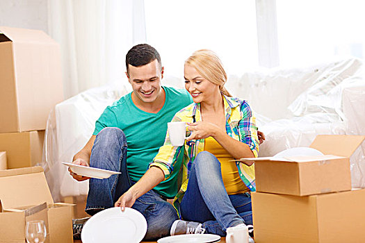移动,家,情侣,概念,微笑,盒子,厨具,新家