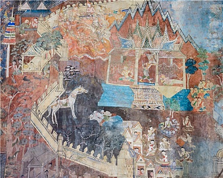 古老,泰国,壁画,生活,佛,室内,佛教寺庙