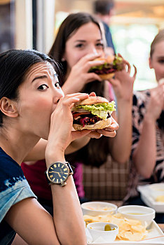 头像,三个女人,年轻,吃饭,汉堡包