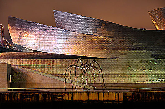古根海姆博物馆,夜晚,建筑师,毕尔巴鄂,巴斯克,西班牙,欧洲