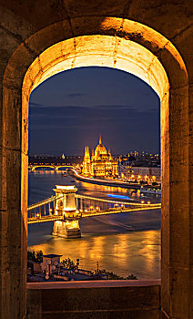链索桥,议会,风景,棱堡,夜晚,匈牙利,布达佩斯