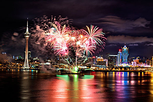 澳门,海面,夜景,灯光,烟花