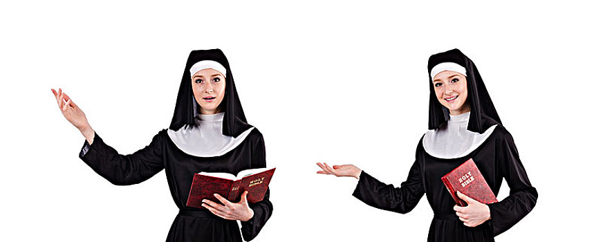 年轻,修女,圣经,隔绝,白色背景