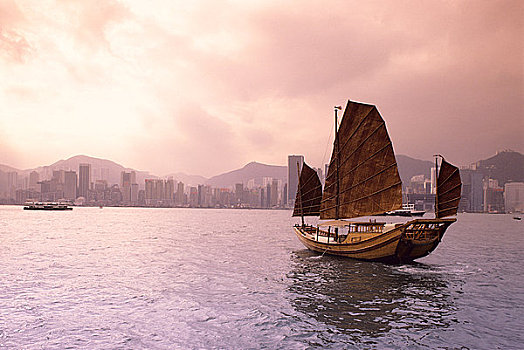 帆船,船,港口,日落,香港