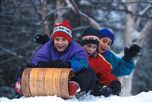 孩子,雪橇运动,冬天,景色