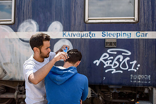美发师,难民,露营,希腊,边远地区,马其顿,四月