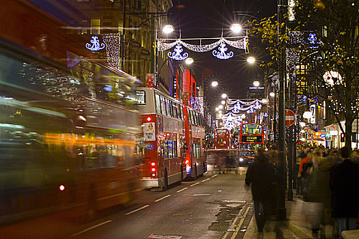 英格兰,伦敦,牛津街,拥挤,道路,人行道,圣诞灯光
