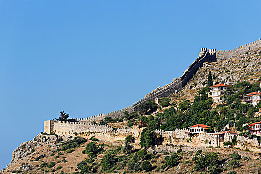 要塞,墙壁,壁,山,阿兰亚,城堡,区域,土耳其,里维埃拉,省,安塔利亚,地中海,亚洲