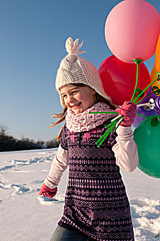 女孩,走,气球,冬天
