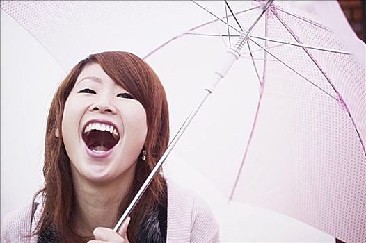肖像,年轻,女人,笑,伞