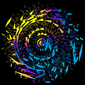 彩色碎片与线条组成发光螺旋状抽象背景