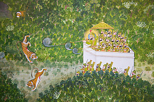 壁画,猎捕,孟加拉虎,城市宫殿,拉贾斯坦邦,印度