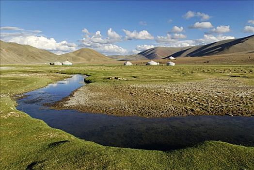 山谷,河流,蒙古包,阿尔泰,蒙古,亚洲