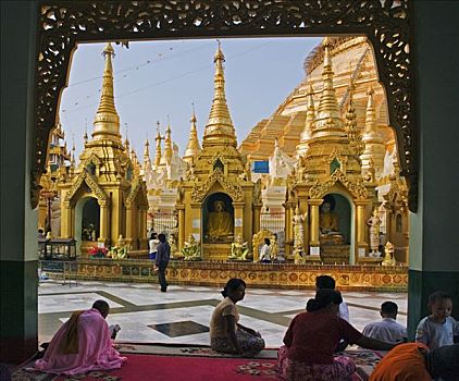 缅甸,仰光,虔诚,佛教,祈祷,小,佛塔,庙宇,神祠,亭子,大金寺,金庙,印度