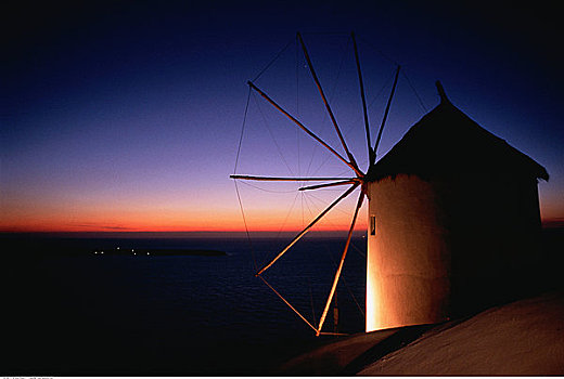 风车,黄昏,锡拉岛,希腊