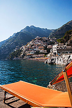 躺椅,水岸,阿马尔菲,海湾,萨勒诺,伊特鲁里亚海,坎帕尼亚区,意大利