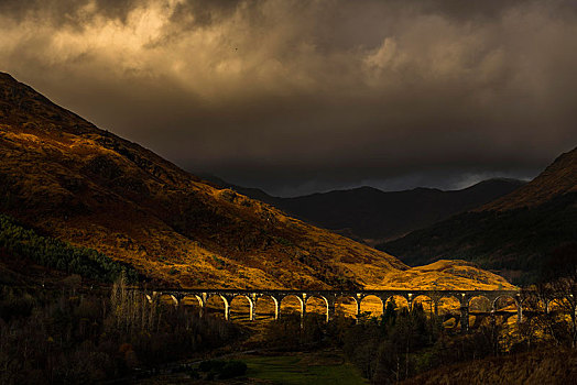 铁路,高架桥,秋色,生动,多云,天空,西部,高地,苏格兰,英国