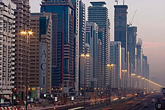 阿联酋,迪拜,交通,建筑,道路,日落