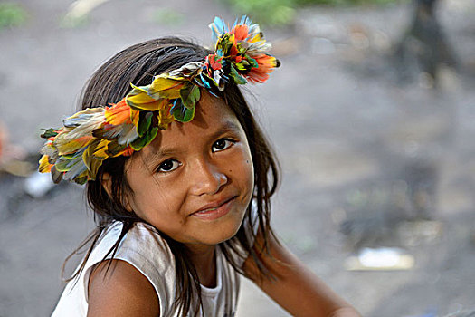 地方特色,女孩,传统头饰,乡村,领土,印第安人,塔帕若斯河,地区,巴西,南美
