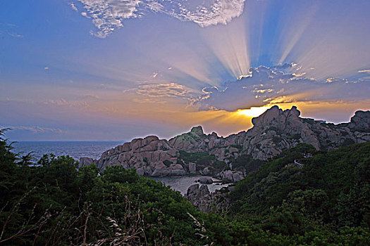 意大利,萨丁尼亚,东北方,海岸,花冈岩,石头,清晨,云,太阳