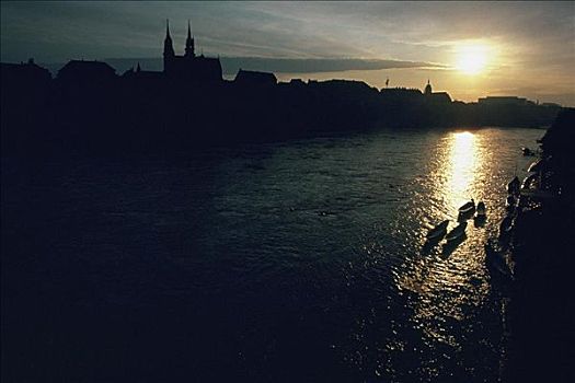 剪影,建筑,水岸,莱茵河,巴塞尔,瑞士