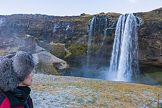 女人,看,瀑布,西南,冰岛