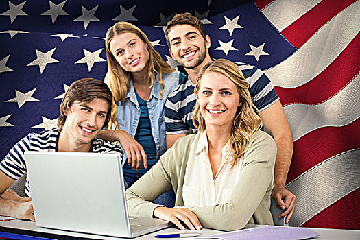 合成效果,图像,学生,使用笔记本,教室,电脑合成,美国人,国旗
