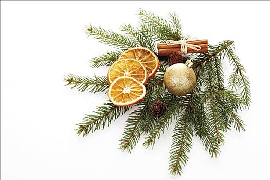 枝条,冷杉,圣诞树装饰物,干燥,橙子片,肉桂棒