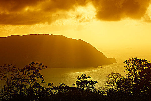 日落,旗杆,山,暸望,男人,湾,多巴哥岛,特立尼达和多巴哥,北美