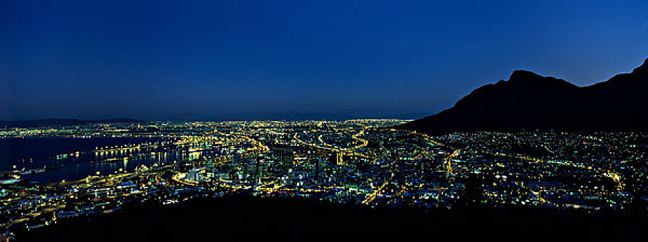 南非,开普敦,路灯,市区,天际线,桌山,信号,山,暮光