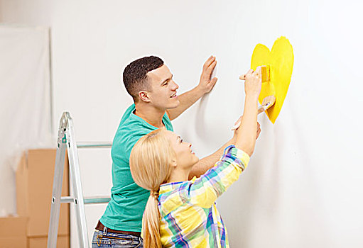 修理,建筑,家,概念,微笑,情侣,上油漆,小,心形,墙壁,在家