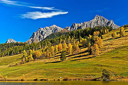 湖,山景,秋天,恩加丁,瑞士,欧洲