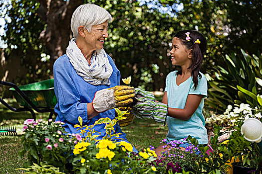 微笑,祖母,孙女,对视,拿着,花,花园