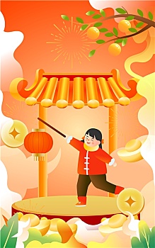 2023兔年新年春节民俗舞狮文化国潮插画