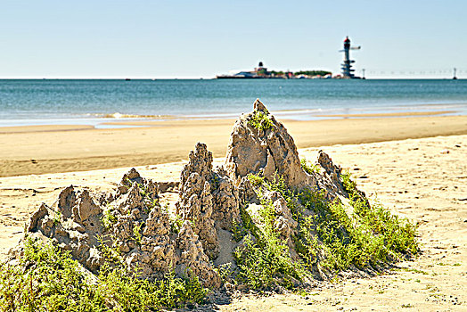 河北秦皇岛海边用沙子堆起的假山