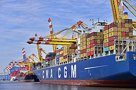 集装箱船,起重机,码头,集装箱码头,不来梅港,不莱梅,德国,欧洲