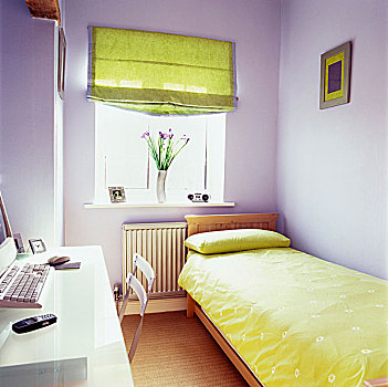 单人床,柠檬,绿色,床上用品,相配,罗马,百叶窗,窗边,电脑,书桌,狭窄,卧室,涂绘,淡色调,紫色