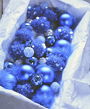 特写,盒子,满,蓝色,圣诞节饰物