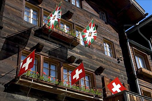 正面,脸,木房子,装饰,旗帜,瓦莱,瑞士