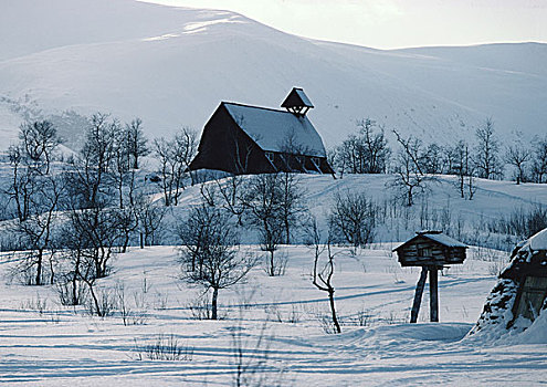 瑞典,谷仓,雪景