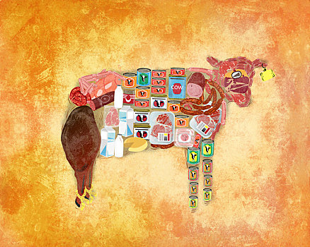 插画,母牛,商品,上方,彩色背景