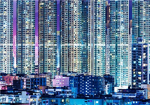 人口过剩,现代建筑,香港,夜晚