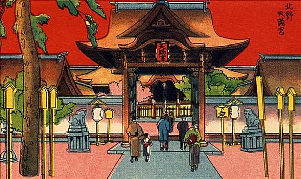 日本,旧式,插画,大门,庙宇