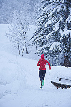 后视图,女性,跑步,跑,大雪,瑞士