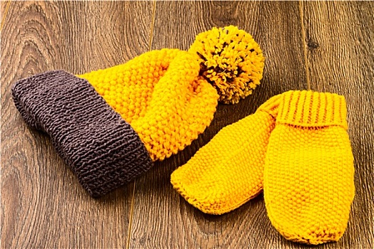黄色,编织品,帽,连指手套